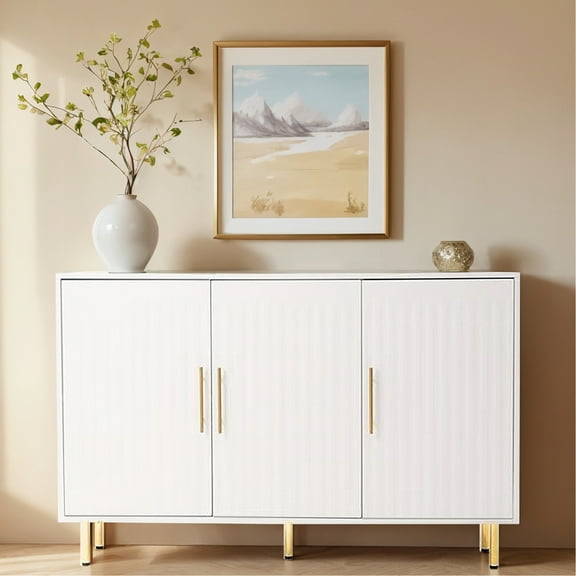 White Buffet Sideboard With 3 Doors And Gold Handles. Fits Various Rooms. Fluted Door Accent Cabinet Doors. Handles Design. Suits Home.