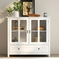 White Buffet Storage Cabinet With Lacquer Finish And Metal Bell Handle Double Glass Doors - Adjustable Shelf For Home
