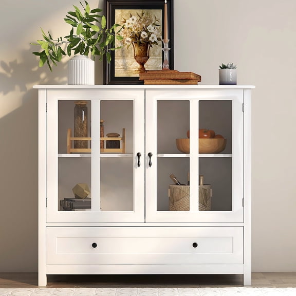 White Buffet Storage Cabinet With Lacquer Finish And Metal Bell Handle Double Glass Doors - Adjustable Shelf For Home