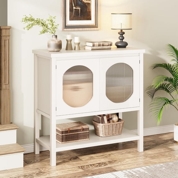 White Buffet Storage Cabinet Wood 35.4" Sideboard Buffet Cabinet with Adjustable Shelf & Glass Doors Accent Cabinet Farmhouse Kitchen Storage Cabinet Coffee Bar Cabinet for Living Room,Kitchen