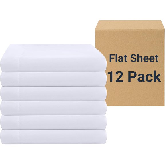 White Bulk Flat Sheets Only King Size 12 Pack, Easy Sort Top Bed Sheet by Color-Coded Hem Threads, Soft Durable Brushed Microfiber Fabric Hotel Airb&bs Essentials for Hosts, 105"x102"