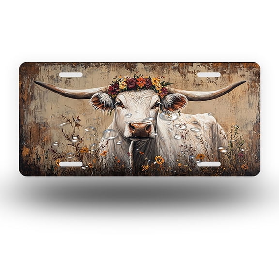 White Bull with Floral Crown and Rustic Background Front License Plate,Metal License Plate,Funny Standard Plates Personalized Novelty Decorative For Men/Women/Boys/Girls Car 6×12 Inch