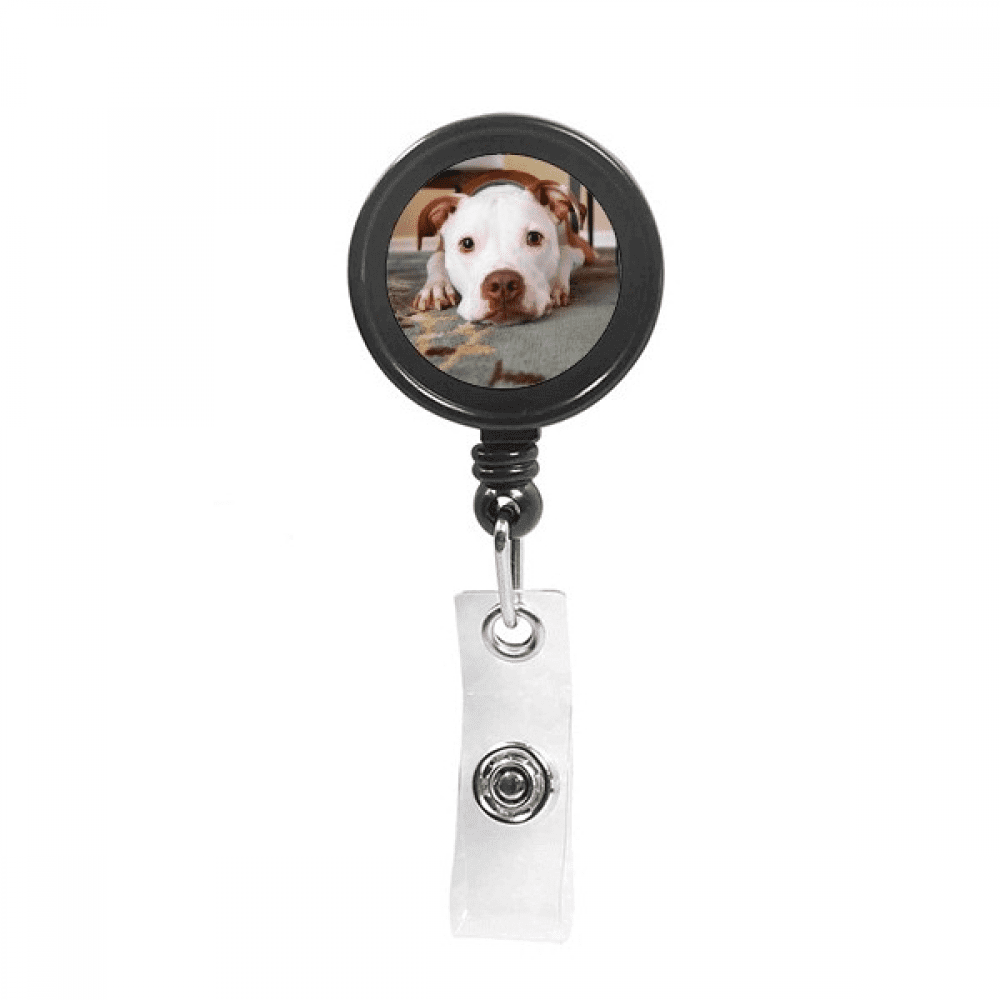 White Bulldog Pet Animal Picture Retractable Keychain Badge Holder ID Badge