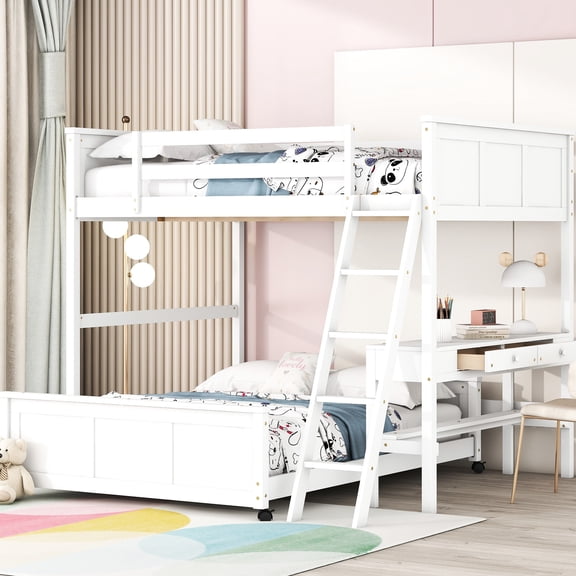 White Bunk Bed With Desk - Solid Wood And Construction, Maximizes Space Provides Functional Work Area For An Efficient Bedroom Full Over In Combination, Convenient Study Environment