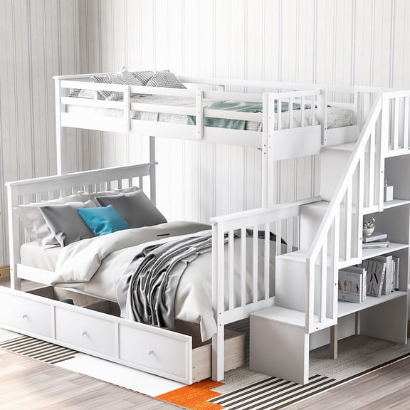 White Bunk Bed - Four-Step Staircase for Easy Access - Getting in and out of Top Bunk - Secure Movement