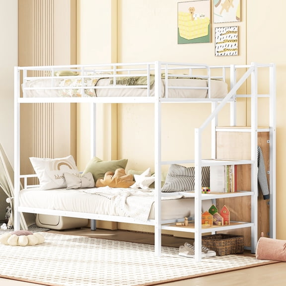 White Bunk Bed | Lateral Ladder for Storage | Bedroom for Multiple Occupants