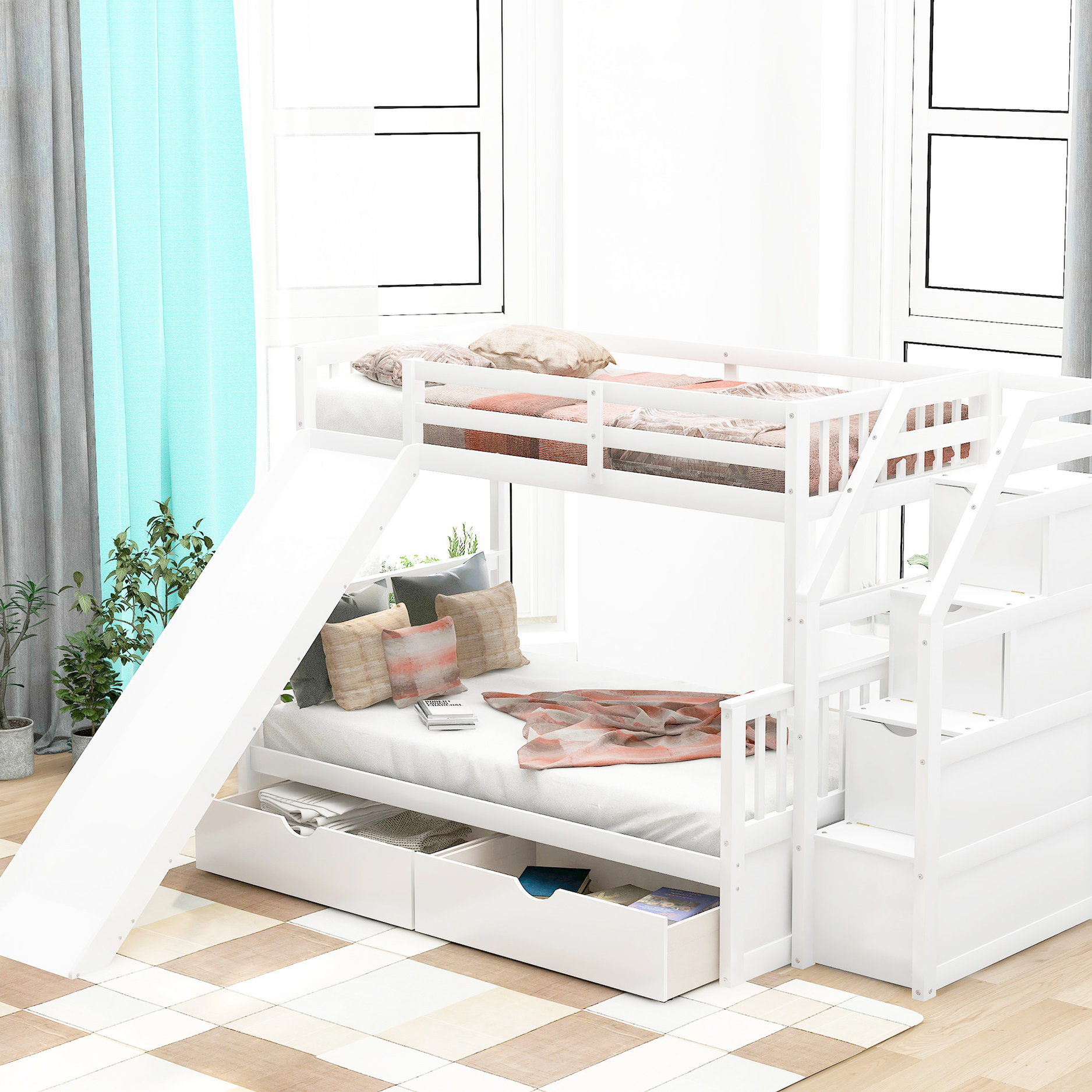 White Bunk Bed Twin over Full with Drawers and Slide | Ladder with ...