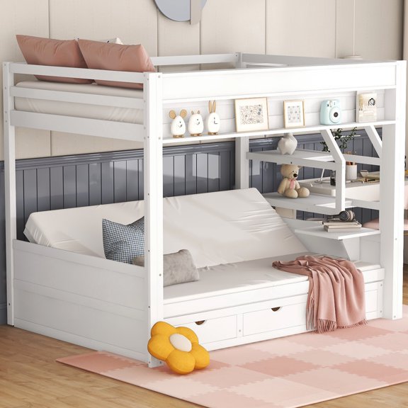 White Bunk Bed With Storage Facilities: Staircase, Bedside Table, 3 Drawers - & User- Option Wood Full Size Convertible Table Space Saving