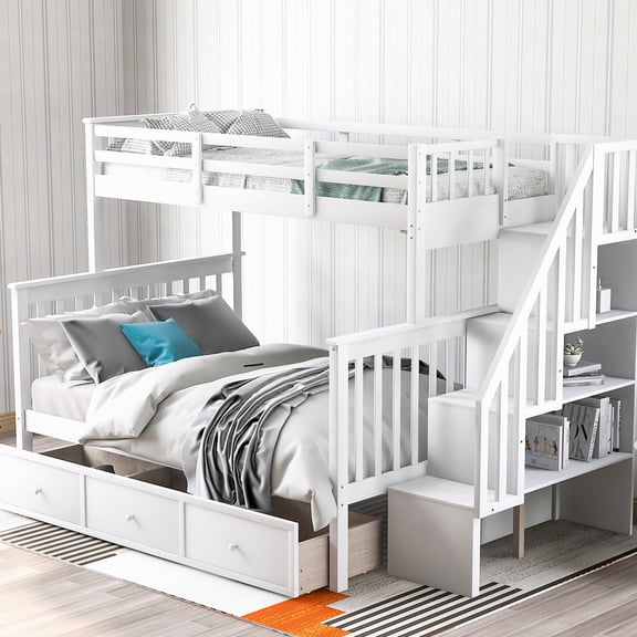 White Bunk Bed with Handrail and Headboard / Safe and Secure for Sleep