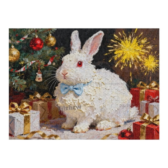 White Bunny with Bowtie, Sparkles, Gift Boxes, and Christmas Tree Wooden Puzzle 1000 Pieces for Adults and Teens, Challenging Tabletop Fun, Indoor Home Craft, Leisure Hobby Entertainment