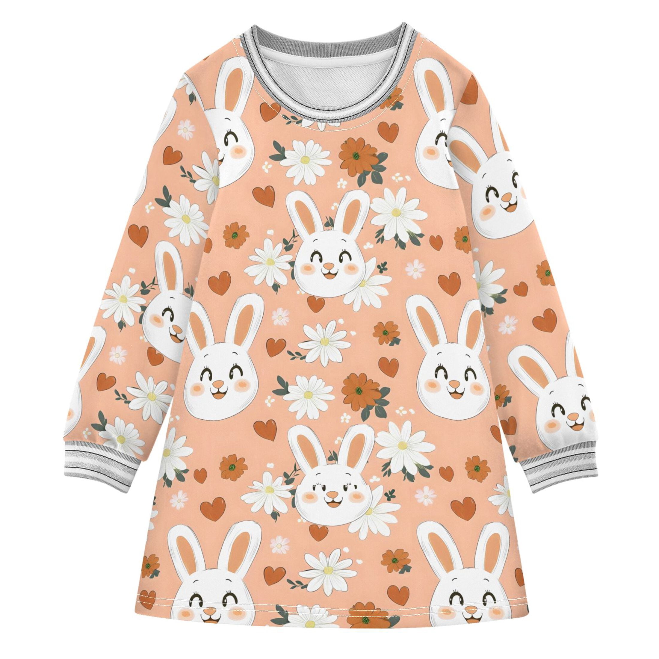 White Bunny Daisy Pattern Girls'long-sleeved dress Thickened A-dress ...