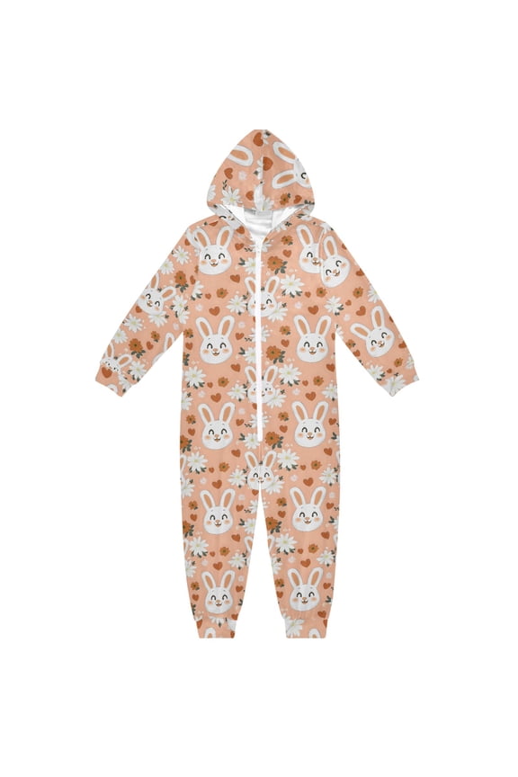 White Bunny Daisy Pattern One Piece Pajamas Soft Jumpsuit Cozy Sleep and Play Romper Zipper and Pockets 4T