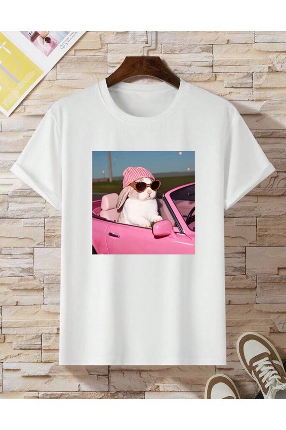 White Bunny Driving Pink Convertible Graphic T-Shirt Funny Cute Rabbit Tee