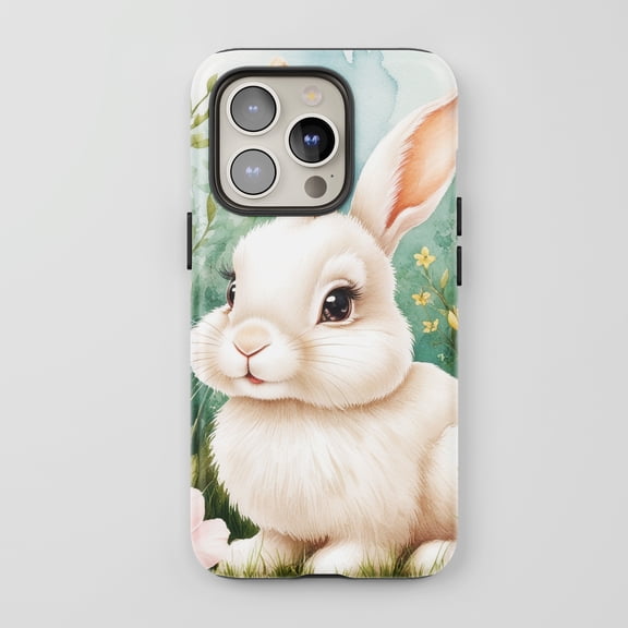 White Bunny For All iPhone Series Protective Phone Case Watercolor Nature Pastel Green