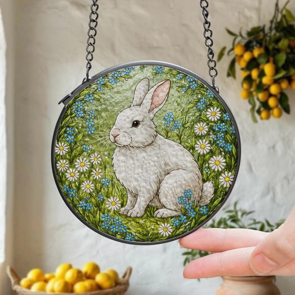 White Bunny Glass Suncatcher, Spring Rabbit Window Art, Floral Easter Nature, 7.9 in