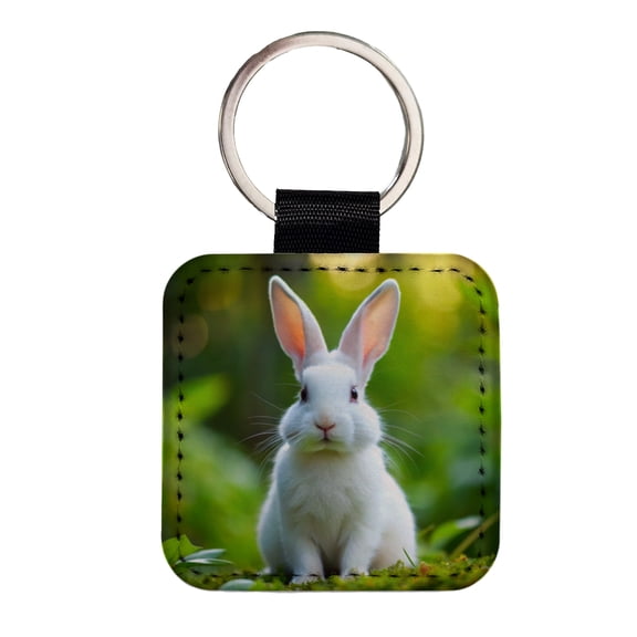 White Bunny Rabbit Faux Leather Square Keychain