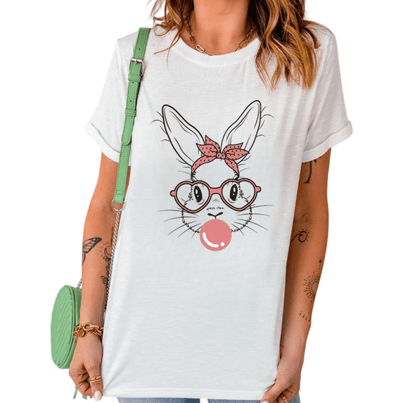 White Bunny With Heart Glasses Bow Bubble Gum Easter Graphic Print Tshirt Graphic Tees Shirts Cute Rabbit Casual Tops S-5XL
