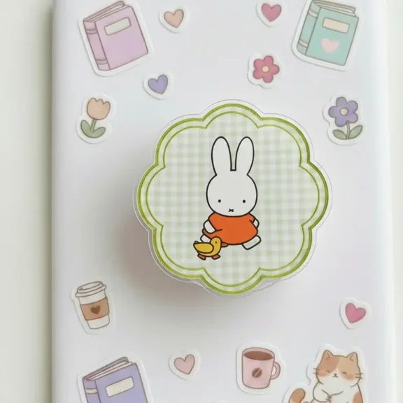 White Bunny and Yellow Duck Phone Grip, Sage Green Gingham Aesthetic Phone Stand, Cute Animal Collapsible Holder, Cottagecore Rabbit Accessory for Smartphones, Kawaii Gift for Students