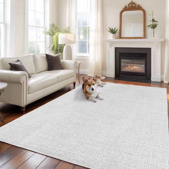 White Burlap Texture Area Rug 5x8 FT, Non Slip Bedroom Throw Carpet, Farmhouse Vintage White Washable Soft Floor Carpet Non-Shedding Rug for Living Room Nursery Dorm Office