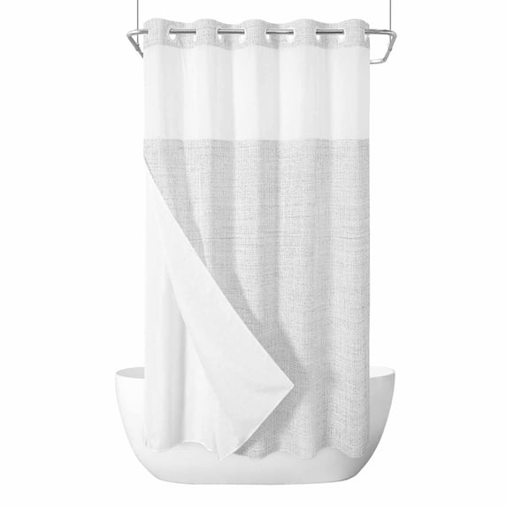 White Burlap Texture No Hook Shower Curtain Waterproof, Bathroom Curtains with Snap in Liners and See Through Top Window, Farmhouse Vintage White Hotel Style Bathtub Curtains Shower 36"Wx72"L