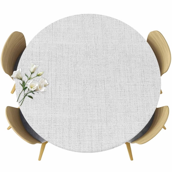 White Burlap Texture Round Tablecloth, Fitted Table Cover with Elastic for 45"-54" Round Tables, Farmhouse Vintage White Table Cloth Outdoor Indoor Dinning Party Waterproof Tablecloths