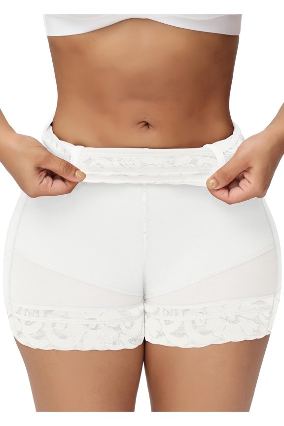 White Butt Lifting Shapewear Shorts With Tummy Control And Lace Trim