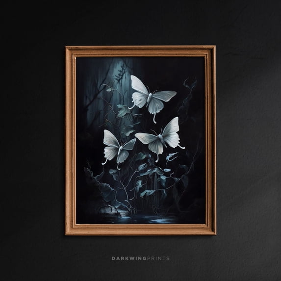 White Butterflies, Goblincore Decor, Dark Cottagecore Wall Art, Moody Floral , Dark Fairycore Print, Dark Academia Aesthetic / G68 Home Decor #1770, 16x24 UNFRAMED
