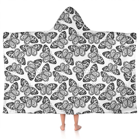 White Butterfly Black Pattern Hooded Bath Towel,50"x30" for Ages 3 To 12 Kids, Quick Dry Lightweight Soft Microfiber Hood Beach Towel Cover Up for Kids
