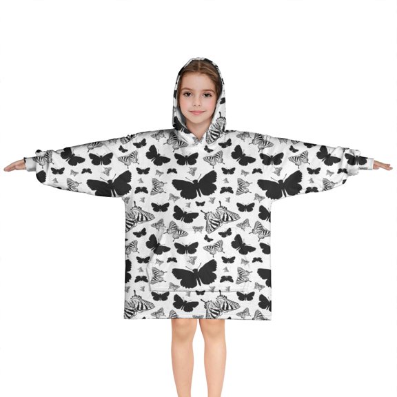 White Butterfly Black Silhouette Pattern Blanket Hoodies for Kids 6-13YR Oversize Wearable Blanket Hoodies for Boys Girls Teens