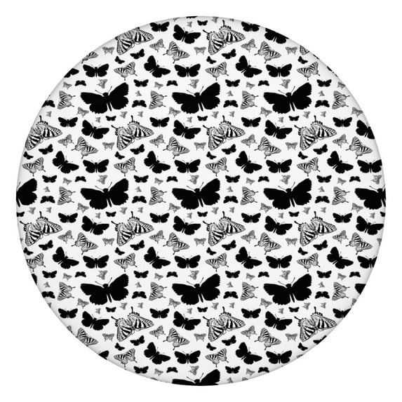 White Butterfly Black Silhouette Pattern Round Fitted Tablecloth with Elastic Edge,Dining Table Cover Waterproof,Outdoor Round Tablecloth for Camping,Dining,Indoor and Outdoor