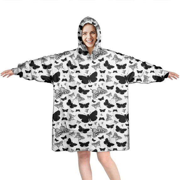 White Butterfly Black Silhouette Pattern Wearable Oversized Blanket,Wearable Blanket Hoodie for Adults,Cozy Hooded Blankets with Super Pockets,Super Warm Fuzzy Pullover for Women & Men