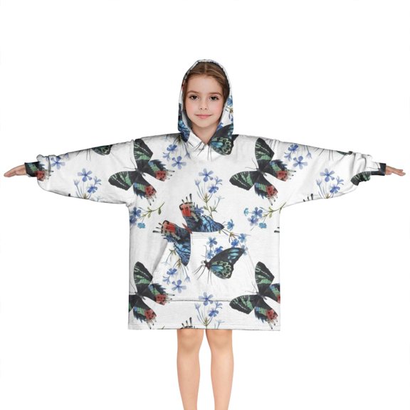 White Butterfly Blue Flower Pattern Blanket Hoodies for Kids 6-13YR Oversize Wearable Blanket Hoodies for Boys Girls Teens