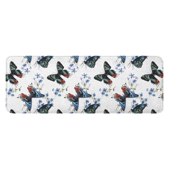 White Butterfly Blue Flower Pattern Kitchen Rug Mat,Kitchen Runner Rugs Non Skid Washable,Decorative Kitchen Floor Mats for Kitchen,Sink,Laundry,17"x47.2"