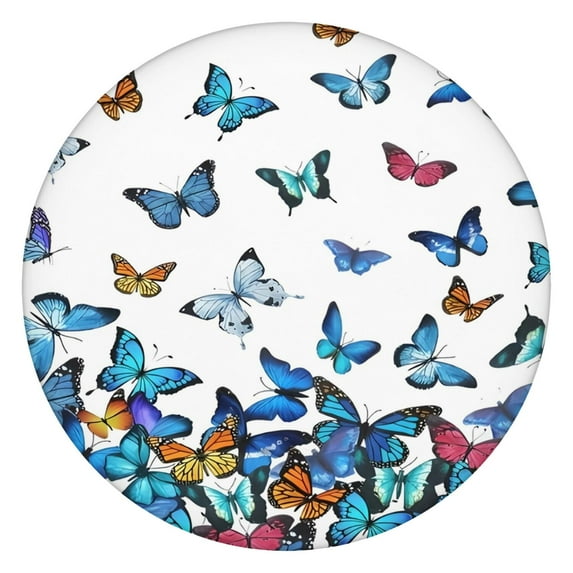 White Butterfly Colorful Pattern Round Fitted Tablecloth with Elastic Edge,Dining Table Cover Waterproof,Outdoor Round Tablecloth for Camping,Dining,Indoor and Outdoor