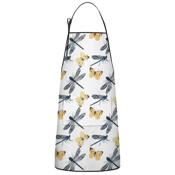 White Butterfly Dragonfly Pattern Apron-Garden Aprons for Women with Pockets-Cotton Linen Waterproof Kitchen Cooking Gardening Aprons Adjustable for Kitchen,Cooking,BBQ and Salon 33x27 Inch