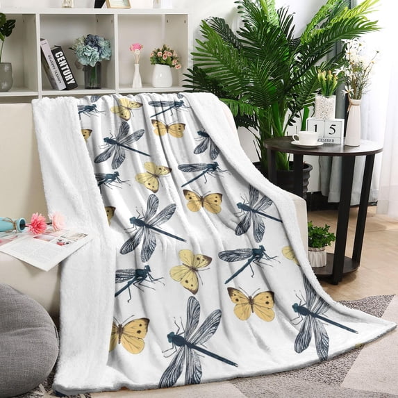 White Butterfly Dragonfly Pattern Blanket,Comfortable Soft Flannel Throw Blanket,All Season,Warm Lightweight Blankets for Sofa Bed Couch Living Room Chair,40"x50"