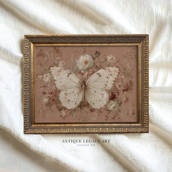 White Butterfly Floral Ornate Wall Decor Unframed Paper Print