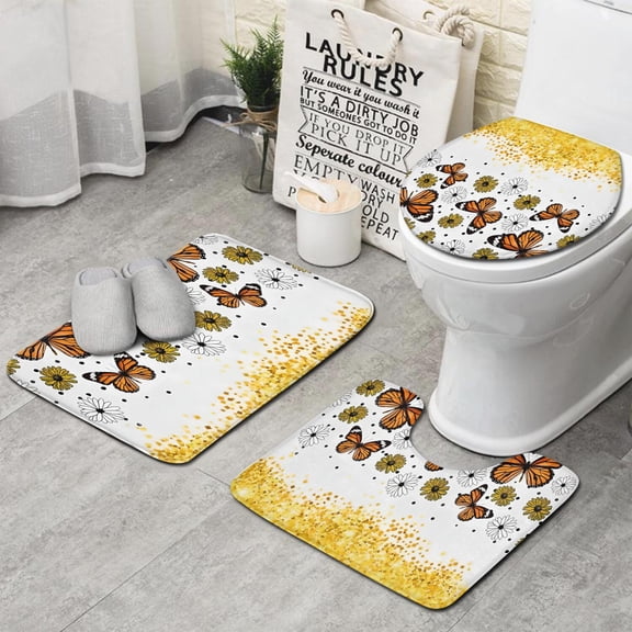 White Butterfly Flower Dot Pattern Bathroom Rugs Sets 3 Piece,Toilet Cover Set,Absorbent Non Slip Bathroom Mats Sets with U-Shaped Contour Rug Toilet Rug Set