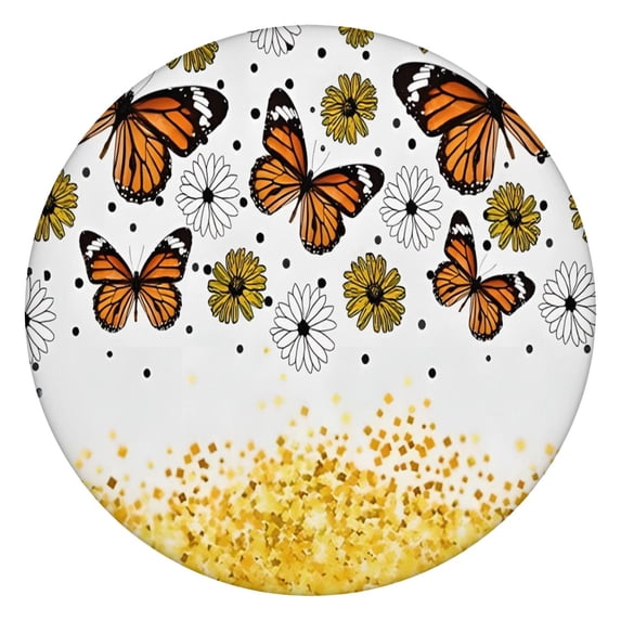 White Butterfly Flower Dot Pattern Round Fitted Tablecloth with Elastic Edge,Dining Table Cover Waterproof,Outdoor Round Tablecloth for Camping,Dining,Indoor and Outdoor