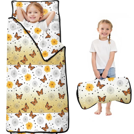 White Butterfly Flower Dot Pattern Teens Toddler Nap Mat with Pillow, Sleeping Mat Bag for Preschool Daycare 59"x22"