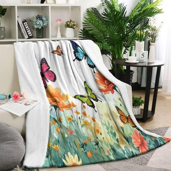 White Butterfly Flower Field Pattern Blanket,Comfortable Soft Flannel Throw Blanket,All Season,Warm Lightweight Blankets for Sofa Bed Couch Living Room Chair,60"x80"