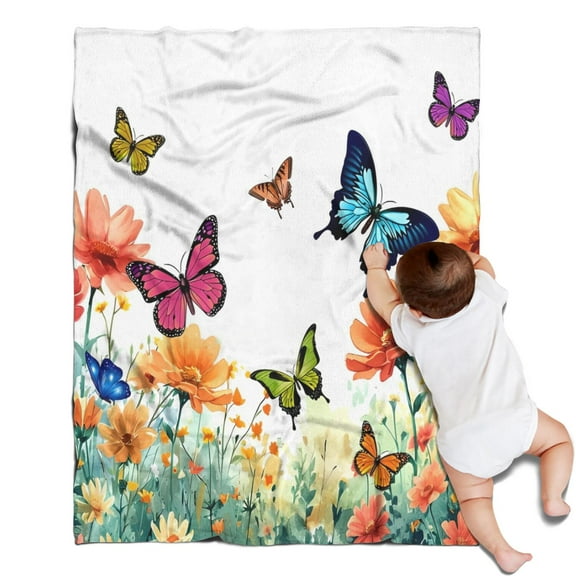 White Butterfly Flower Field Pattern Blanket,Comfortable Soft Flannel Throw Blanket,All Season,Warm Lightweight Blankets for Sofa Bed Couch Living Room Chair,30"x40"
