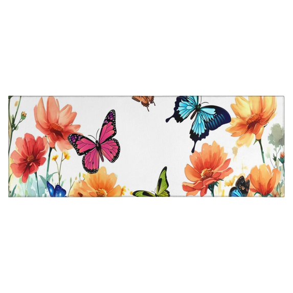White Butterfly Flower Field Pattern Kitchen Rug Mat,Kitchen Runner Rugs Non Skid Washable,Decorative Kitchen Floor Mats for Kitchen,Sink,Laundry,17"X47"