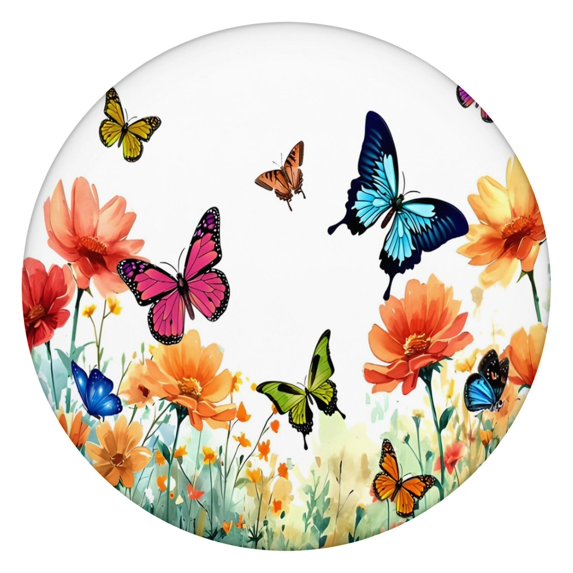 White Butterfly Flower Field Pattern Round Fitted Tablecloth with Elastic Edge,Dining Table Cover Waterproof,Outdoor Round Tablecloth for Camping,Dining,Indoor and Outdoor