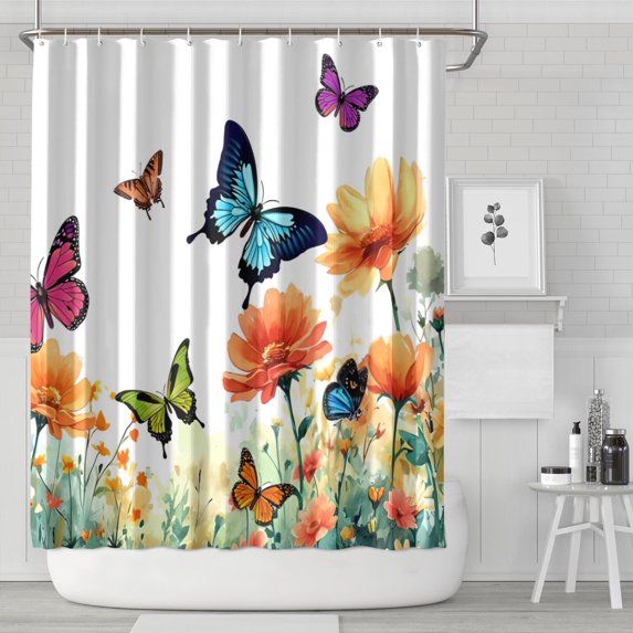 White Butterfly Flower Field Pattern Shower Curtain 84"x72" ,Bathroom Decorative Shower Curtains Set with 12 Hooks,Modern Waterproof Washable Shower Curtain