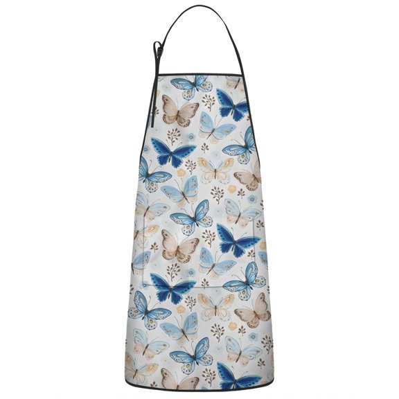 White Butterfly Flower Pattern Apron-Garden Aprons for Women with Pockets-Cotton Linen Waterproof Kitchen Cooking Gardening Aprons Adjustable for Kitchen,Cooking,BBQ and Salon 33x27 Inch