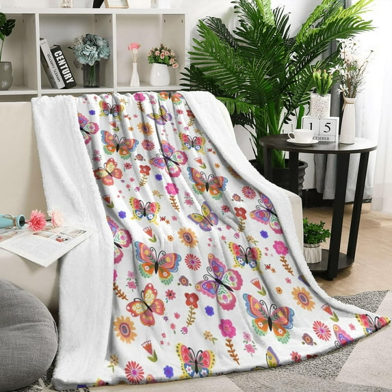 White Butterfly Flower Pattern Blanket,Comfortable Soft Flannel Throw Blanket,All Season,Warm Lightweight Blankets for Sofa Bed Couch Living Room Chair,50"x60"