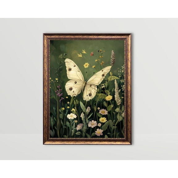 White Butterfly In Wildflowers, Dark Green Wall Art, Whimsical Art Poster, Vintage Moody Posters Flower Field Academia Art Home Decor, 8x12 UNFRAMED