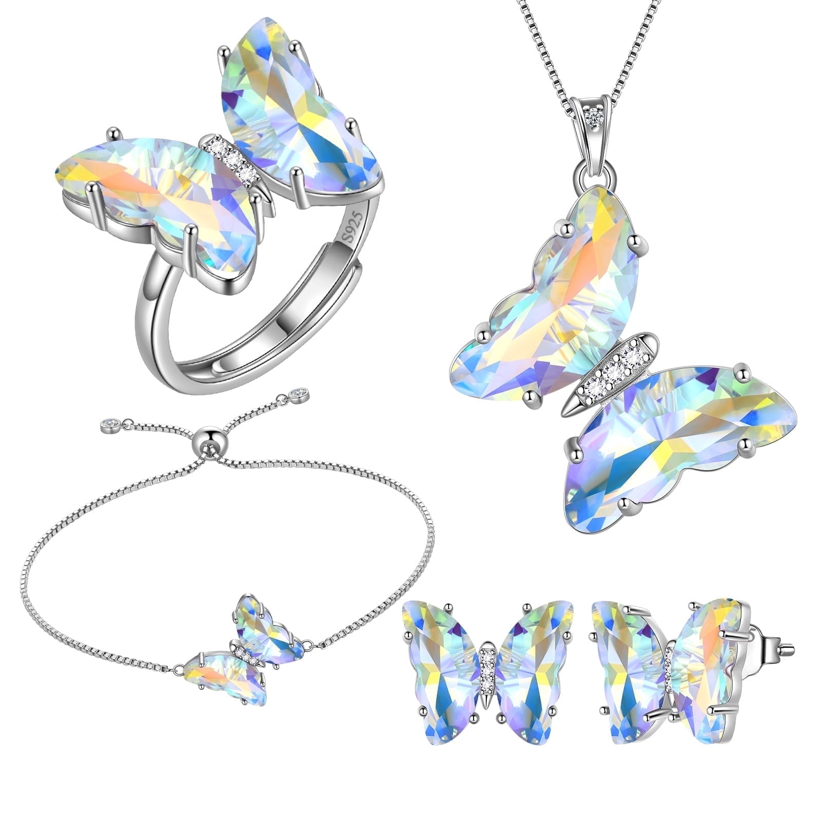 White Butterfly Jewelry Sets 5PCS, Necklace Earrings Bracelet Ring April Birthstone Jewelry Set Crystal Sterling Silver Women Birthday Mother's Day Gifts