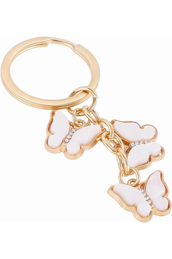 White Butterfly Keychain Butterflies Key Chain Golden Metal Zinc Alloy Enamel Shining Rhinestone Animal Charm Keyring Keychains for Keys Purses Bag Wallet Backpack Handbag Women Accessories Beige
